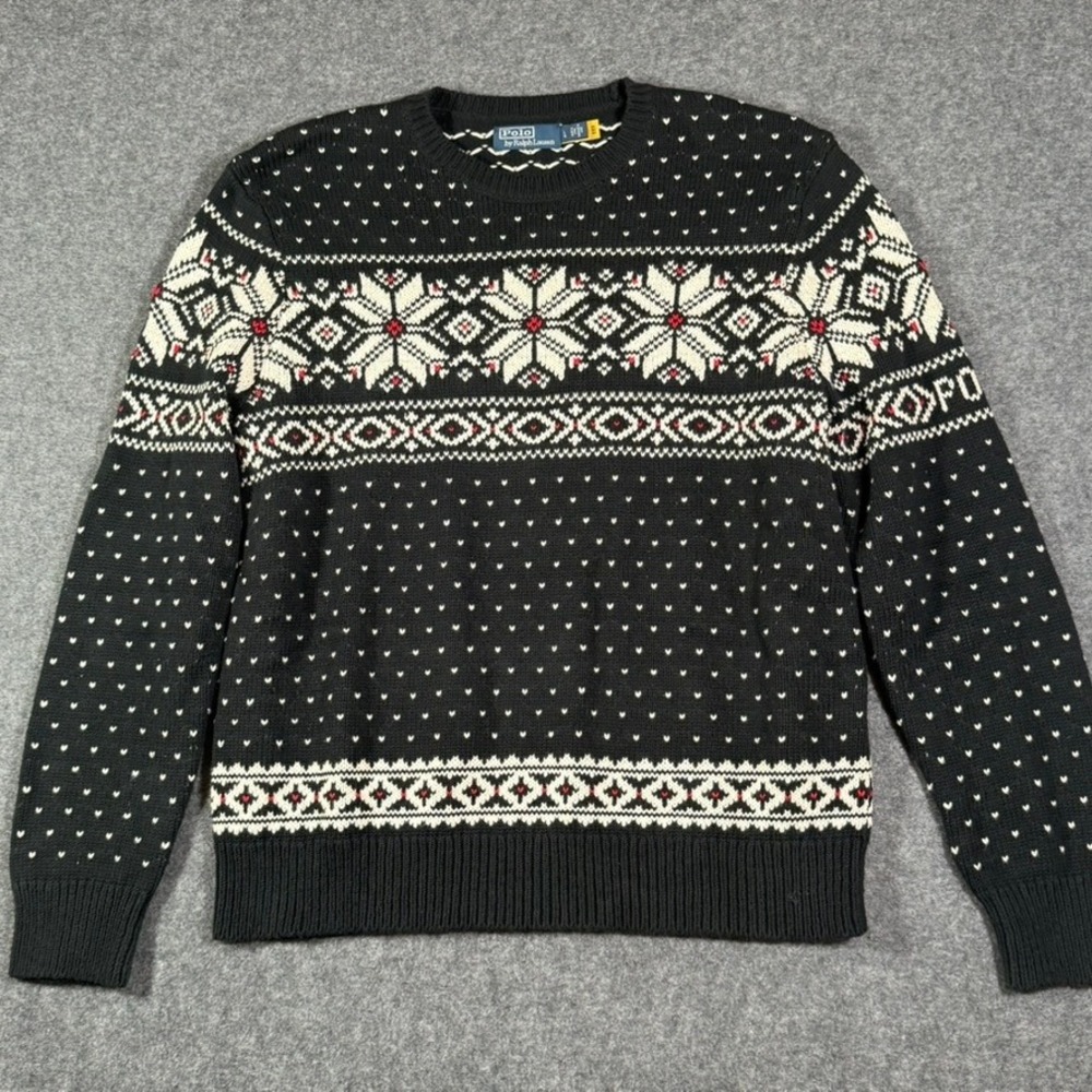 Polo Ralph Lauren Mens Black Fair Isle Cotton Cashmere Snowflake Sweater L - Picture 3 of 12